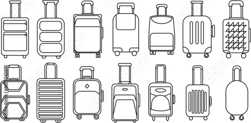 Luggage, suitcase and travel bag icons set in outline styles, black vectors group collection, carry-on case symbols bundle, tourism baggage silhouette, airport trip design and trolley illustrations.