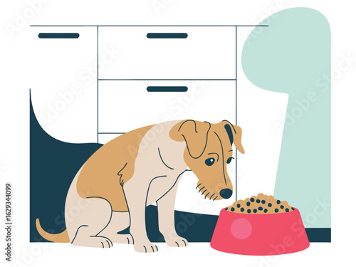Sad Dog Sitting By A Bowl Of Food In A Kitchen Setting puppy animal