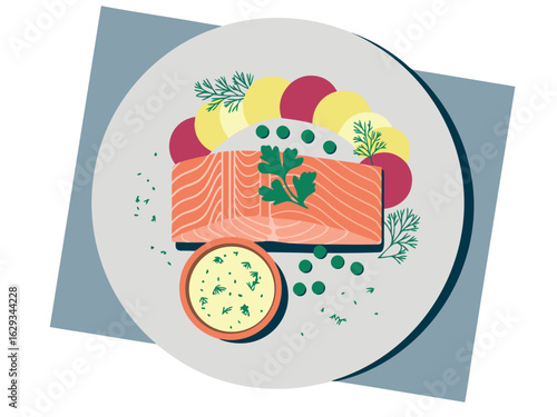 Salmon fillet with potatoes peas and dill sauce on a plate fish food