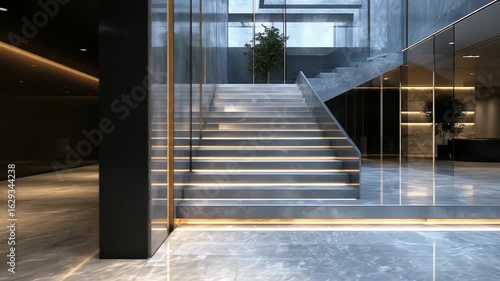 Modern Luxury Interior Design with Illuminated Marble Staircase and Glass Architecture in a Corporate Building Lobby