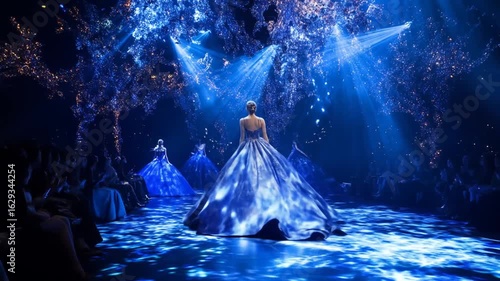 Models in Elaborate Blue Gowns on an Illuminated Magical Forest Fashion Show Runway