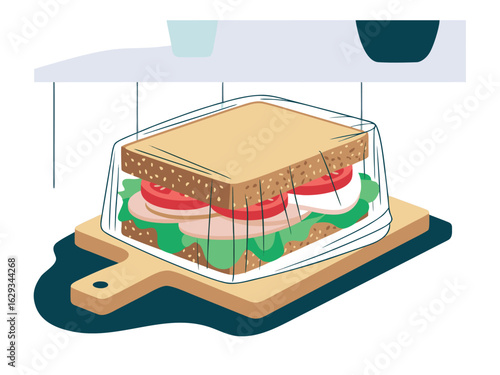 Sandwich with ham tomato and lettuce wrapped in plastic on cutting board food lunch