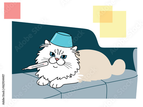 Sick Fluffy Cat Wearing a Blue Cap and Holding a Thermometer fever