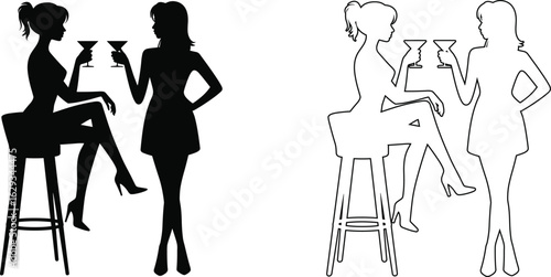 Two women holding martini glasses at a bar drinks silhouette and line art illustration.
