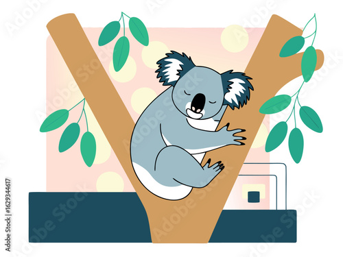 Sleeping Koala Clinging to Tree Branch with Green Leaves animal wildlife