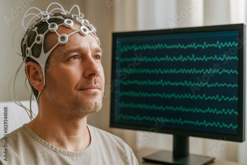 Adult man undergoing eeg brain monitoring with electrodes and computer display