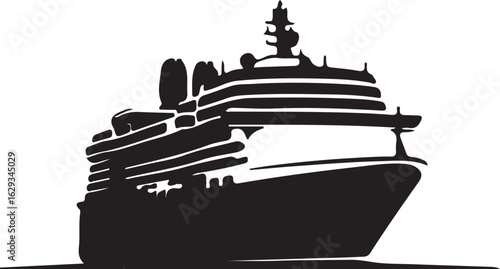 A black and white silhouette of a large cruise ship facing the viewer