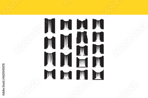 A versatile set of monolithic waterfall icons, showcasing abstract cascades and flowing forms for minimalist logo design.