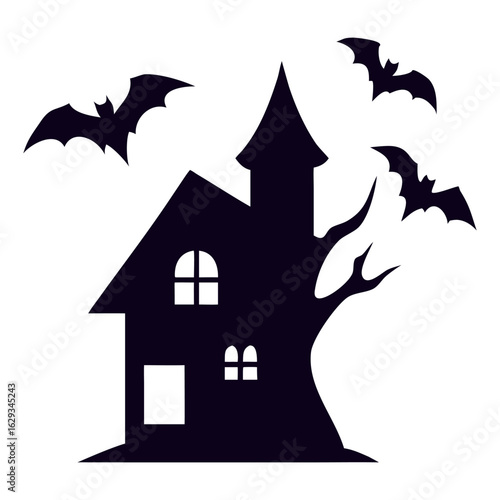 Silhouette of a haunted house with broken windows