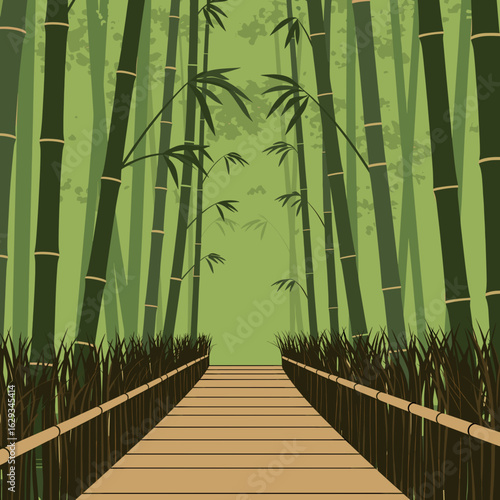 Bamboo forest path leading through tall green bamboo stalks  
