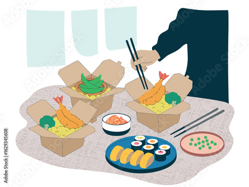 Takeaway food boxes with sushi and kimchi maki salmon