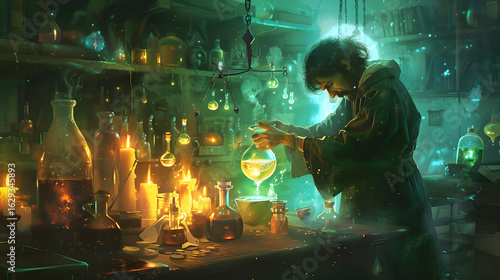 Alchemist mixing glowing potions in ancient lab