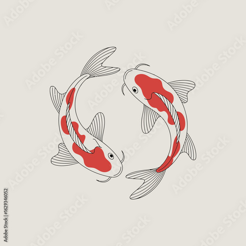 koi, fish, circle, yin, yang, japanese, art, design, illustration, tattoo, symbol, swimming, water, asian, culture, elegant, traditional, nature, zen, balance, harmony, aquatic, red, white, ornamental