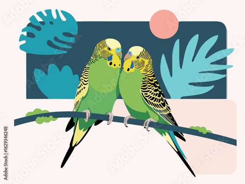 Two green budgerigars perched on a branch with abstract foliage budgie parakeet