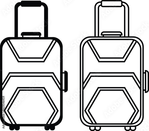 Luggage, suitcase and travel bag icons set in flat and outline style, black vectors collection, carry-on case symbols bundle, tourism baggage silhouette, airport trip design and trolley illustrations.