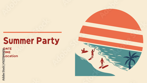 Summer Party Invitation Featuring Beach Activities.