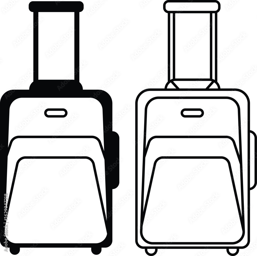 Obraz premium Luggage, suitcase and travel bag icons set in flat and outline style, black vectors collection, carry-on case symbols bundle, tourism baggage silhouette, airport trip design and trolley illustrations.