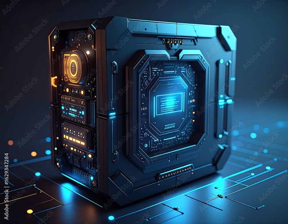 Fototapeta premium Futuristic tech cube with glowing circuits
