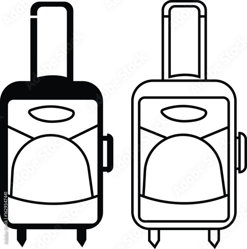 Luggage, suitcase and travel bag icons set in flat and outline style, black vectors collection, carry-on case symbols bundle, tourism baggage silhouette, airport trip design and trolley illustrations.