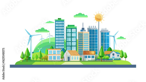 Illustration of sustainable city with renewable energy and green buildings for eco friendly living concept