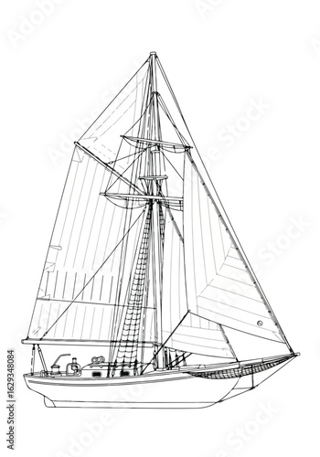Schooner Sailboat Line Art: Nautical Vessel Illustration