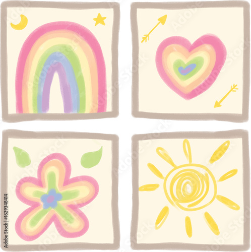 Cute Pastel Rainbow and Icons Set Vector Illustration Collection