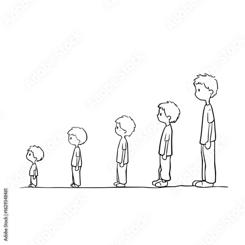 Illustration showing the growth stages of a boy from childhood to adulthood in a simple line drawing