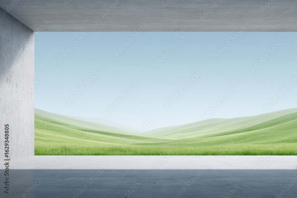 Fototapeta premium Minimalist interior space with large window showcasing serene green hills and clear blue sky, creating a peaceful and tranquil atmosphere