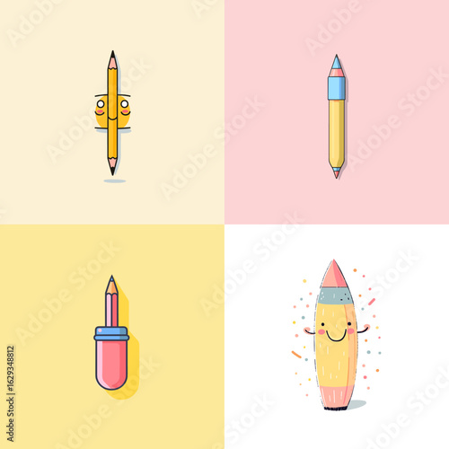 Cute pastel pencil illustrations in minimal and playful cartoon style, featuring character expressions and creative shapes—perfect for school, kids, and design themes.

