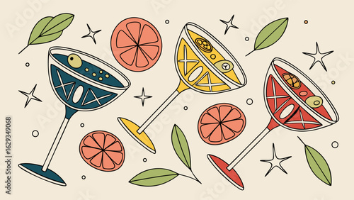 Colorful MidCentury Modern Cocktails and Citrus Slices.
