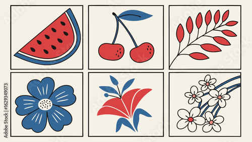 Colorful Decorative Fruits and Flowers in a Grid Pattern.