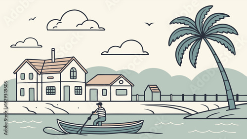 Peaceful Lakeside Village Scene with Gondolier.