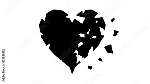 A black heart shape with a shattered or disintegrating edge on a white background simple illustration