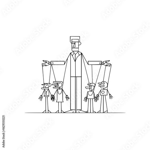 Stylized illustration depicting a puppet master controlling several puppets with string lines on a white backdrop