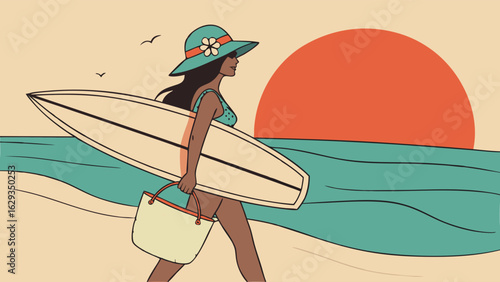 Woman Surfer with Surfboard at Sunset Beach.