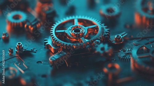 Close-up of intricate metallic gears, illuminated with teal and orange hues, showcasing complex engineering