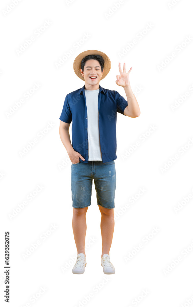 Fototapeta premium A man in casual summer wear, offering an okay gesture, smiling and facing the camera on png background