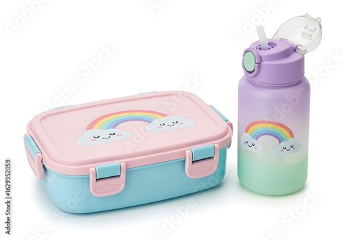 Charming pastel lunchbox and reusable water bottle set for kids, decorated with a cute smiling rainbow and clouds for school meals