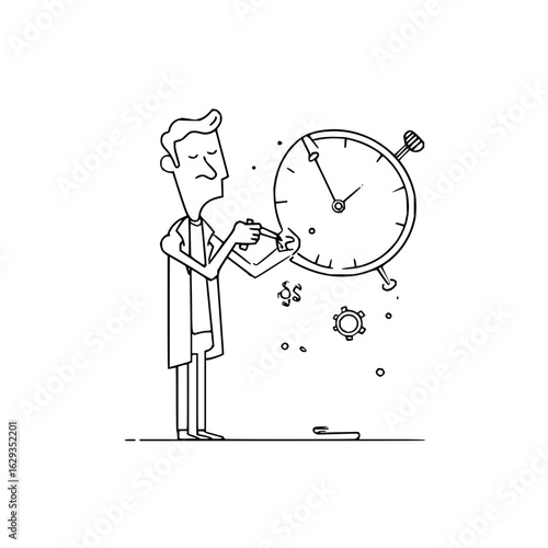 Man repairing a clock with a tool while standing up in a white background with clock parts around him