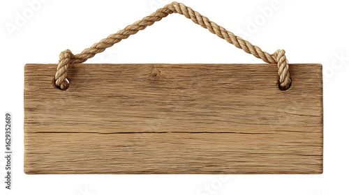 Blank wooden signboard hanging by rope on white background. 