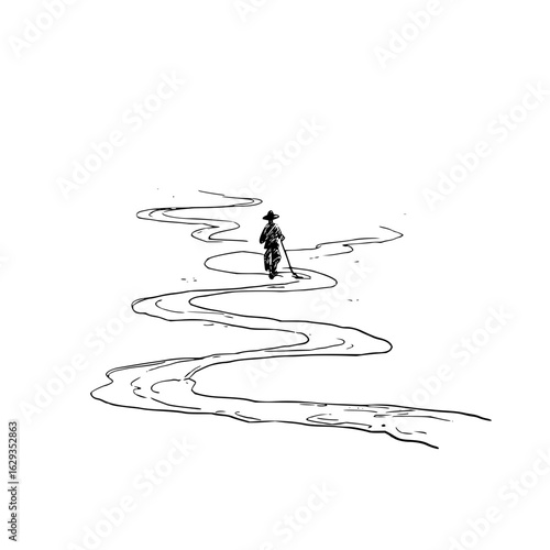A lone figure with a hat and tool walking along a winding path in a black and white sketch style art