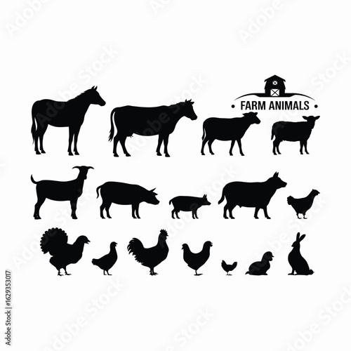Black silhouettes of farm animals with barn and text.eps