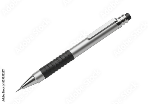 Photos Isolated Realistic Silver and Black Mechanical Pencil with a Rubber Grip for Wri