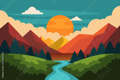 Vibrant flat design landscape with mountains river and sun