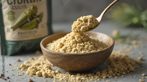 Grasshopper insect powder. Orthoptera flour processed from Insects baked food is eating edible in bowl and spoon with packaging bag, it is good source of protein. Entomophagy and future food concept.