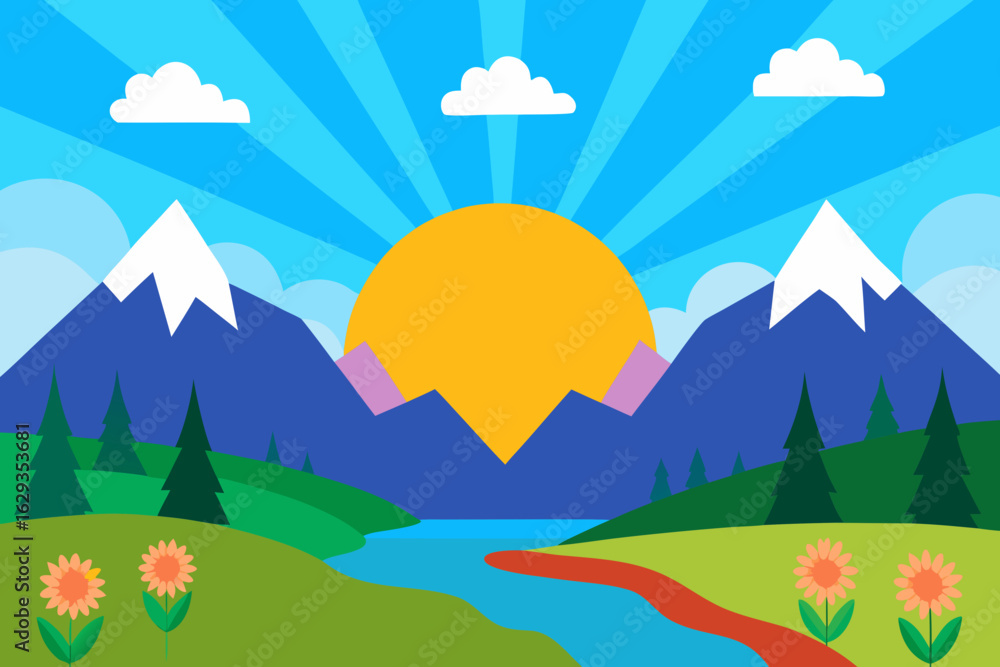 Naklejka premium Vibrant mountain landscape with sunrise and river