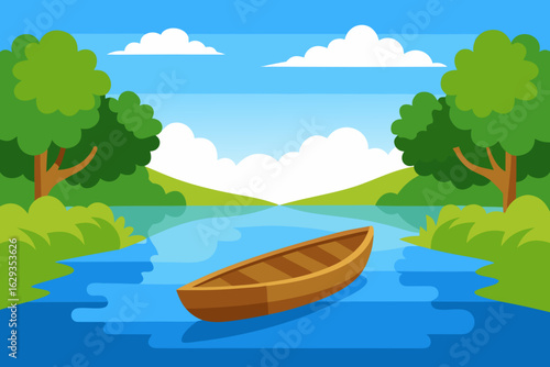 A lone wooden boat floats on a calm blue river surrounded by lush green trees and hills under a bright blue sky with fluffy clouds