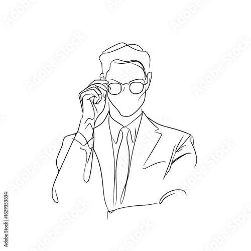 Continuous line drawing of a man in a suit adjusting his glasses with a minimalist aesthetic style