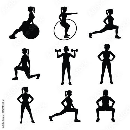 Fitness Exercises Silhouette Vector Illustration Diverse Workout Routines for Women Gymnastics Fitness Ball Weights and Hoop