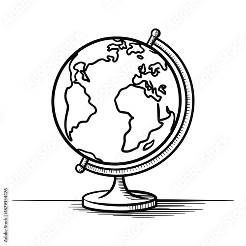 Hand Drawn Globe Illustration Featuring Continents and Oceans Black and White Sketch World Travel